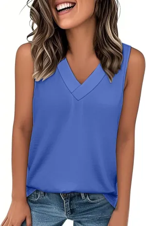 V Neck Tank Top Womens Casual Sleeveless Loose Fit Solid Color Beach Vacation Fashion Summer Tshirts