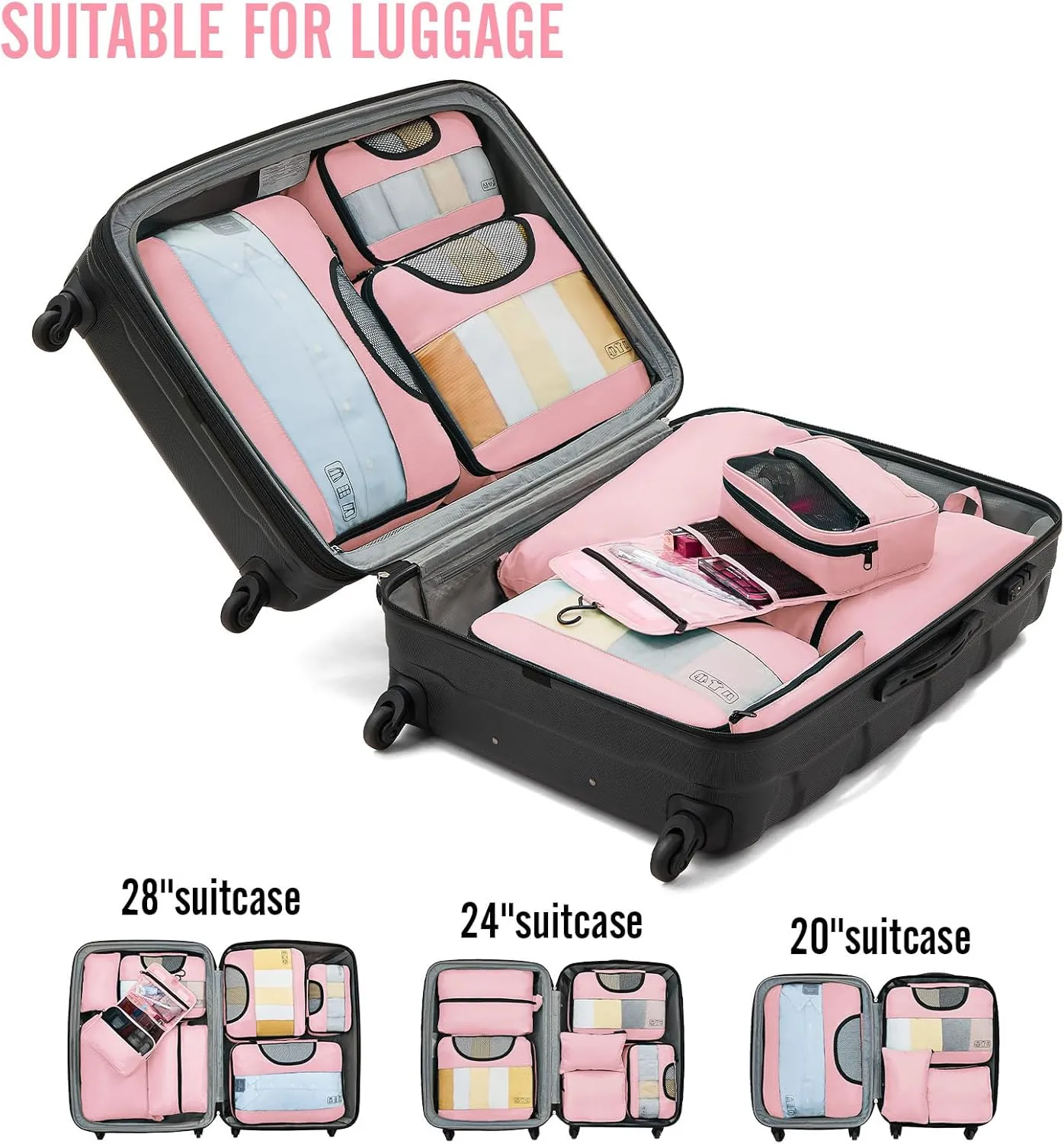 Veken 8 Set Packing Cubes for Travel Essentials, Suitcase Organizer Bags Set for Luggage, Road Trip Travel Accessories in 4 Sizes (Extra Large, Large, Medium, Small), Pink