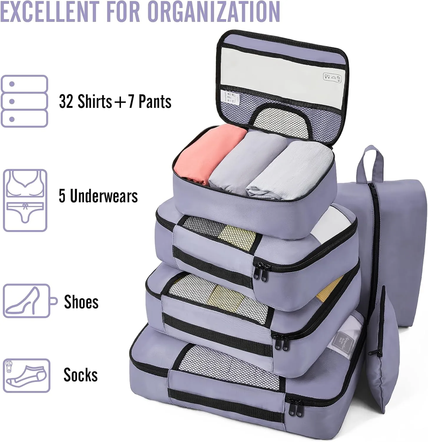 Veken 8 Set Packing Cubes for Travel Essentials, Suitcase Organizer Bags Set for Luggage, Road Trip Travel Accessories in 4 Sizes (Extra Large, Large, Medium, Small)