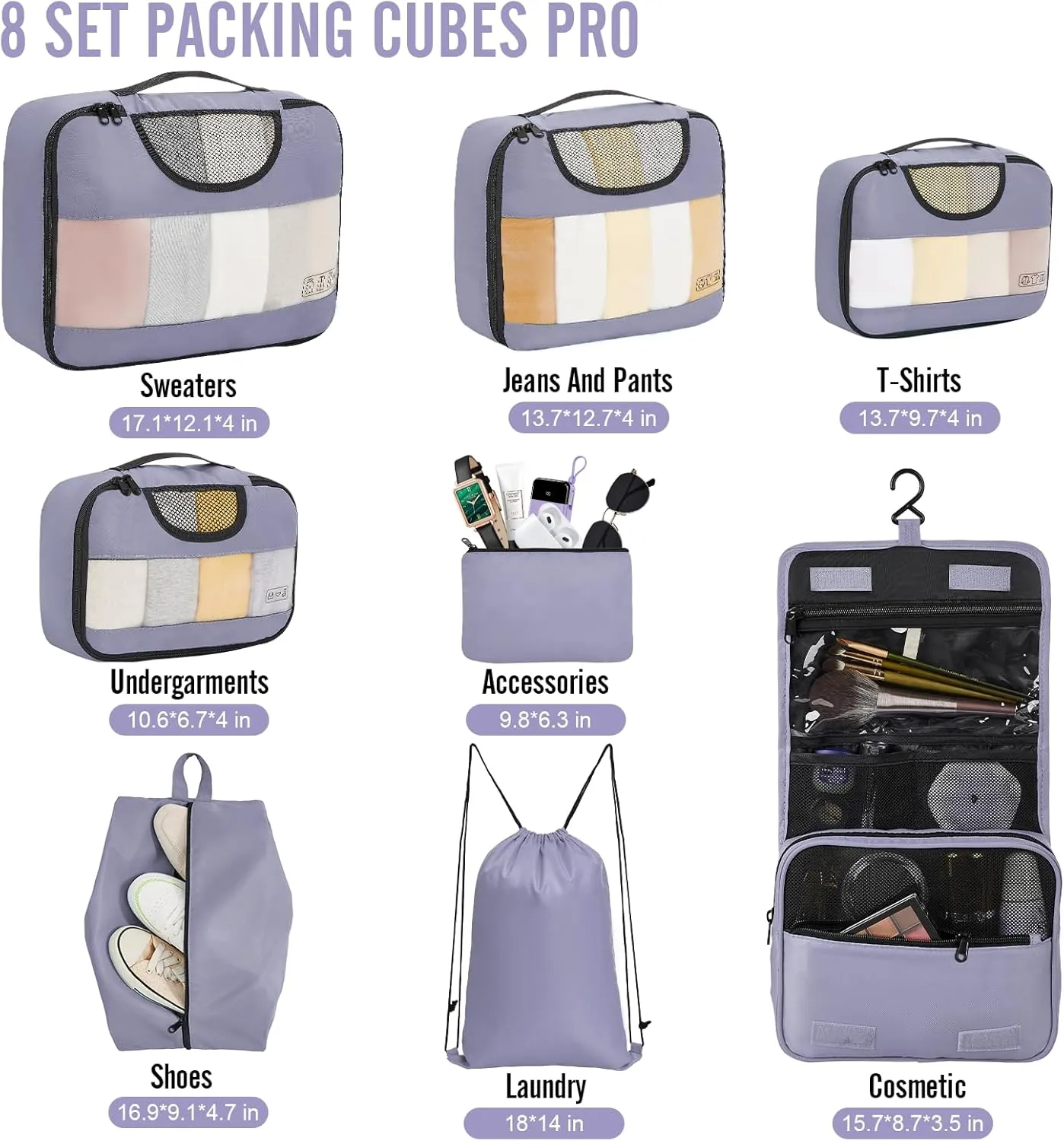 Veken 8 Set Packing Cubes for Travel Essentials, Suitcase Organizer Bags Set for Luggage, Road Trip Travel Accessories in 4 Sizes (Extra Large, Large, Medium, Small)