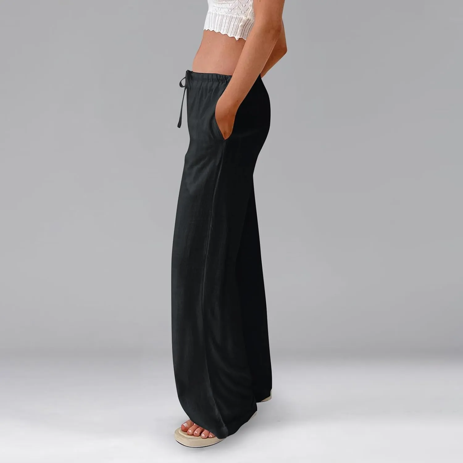 Wide Leg Linen Pants for Women High Waisted Palazzo Pants Casual Summer Trousers Pants Loose Lounge Pants with Pockets