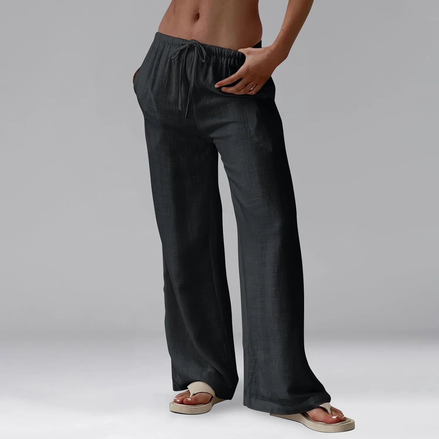 Wide Leg Linen Pants for Women High Waisted Palazzo Pants Casual Summer Trousers Pants Loose Lounge Pants with Pockets
