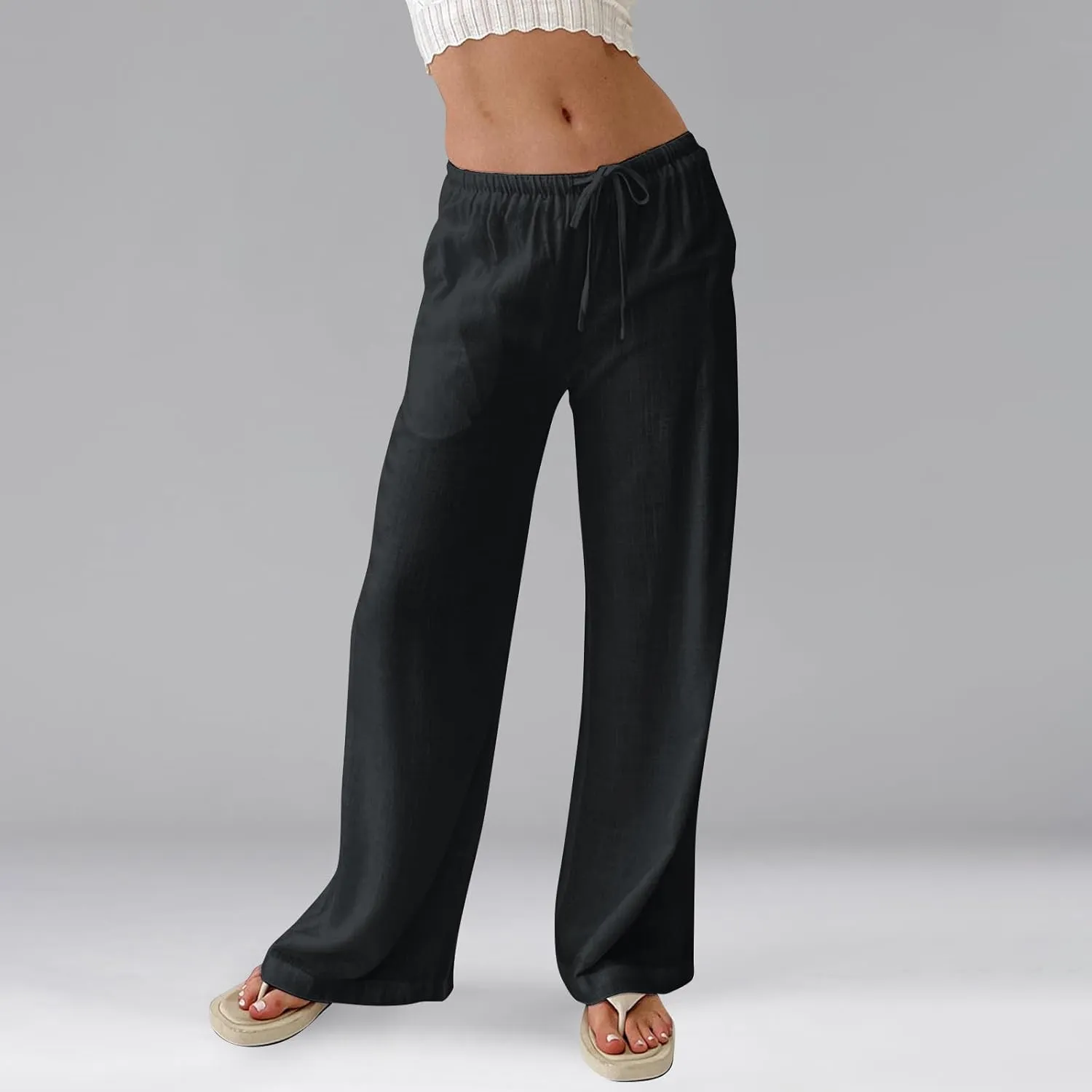 Wide Leg Linen Pants for Women High Waisted Palazzo Pants Casual Summer Trousers Pants Loose Lounge Pants with Pockets
