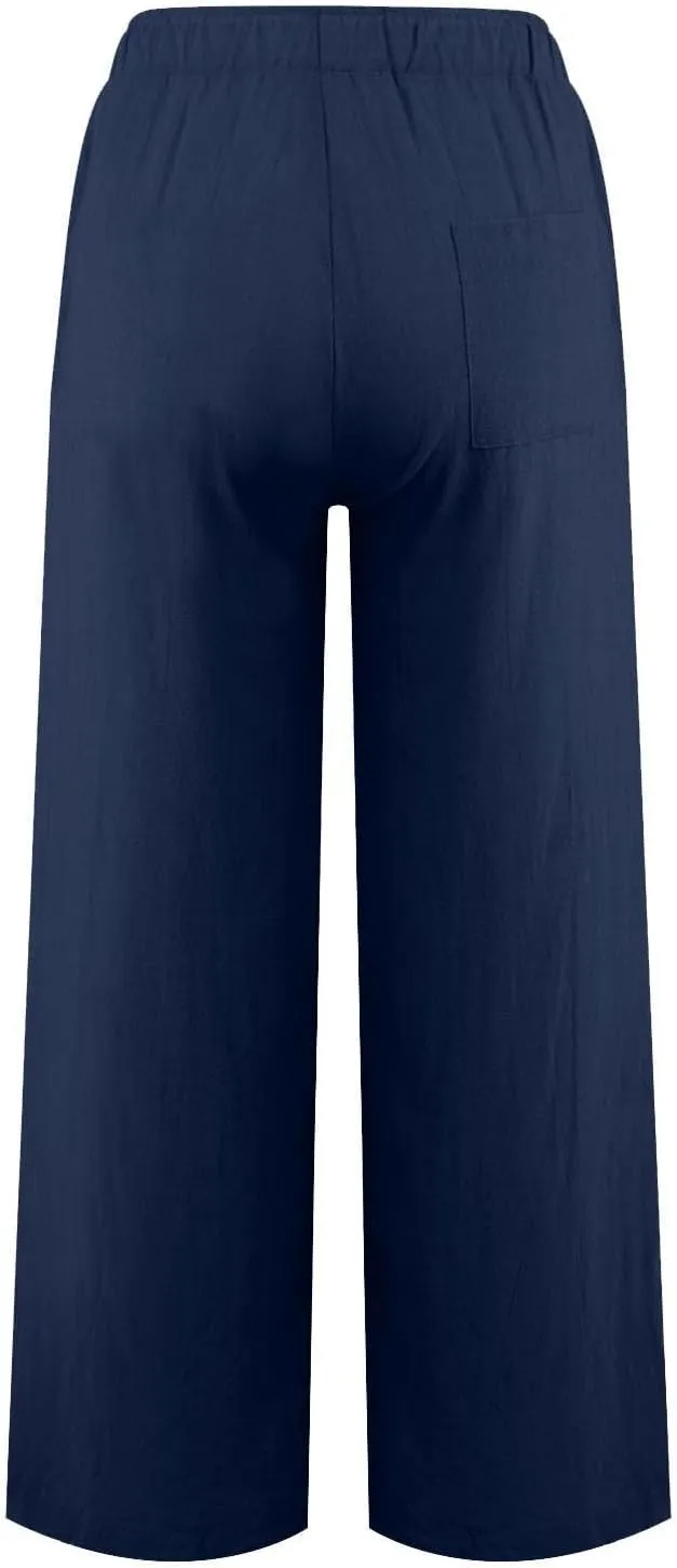 Wide Leg Linen Pants for Women Summer Casual Flowy Beach Pants Cotton Yoga Pants with Pockets Athletic Workout Pants
