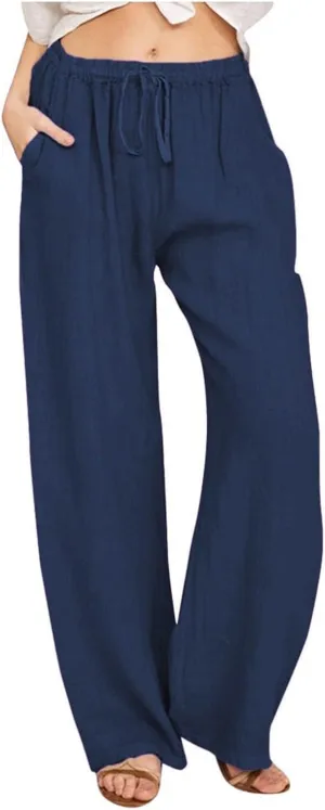 Wide Leg Linen Pants for Women Summer Casual Flowy Beach Pants Cotton Yoga Pants with Pockets Athletic Workout Pants