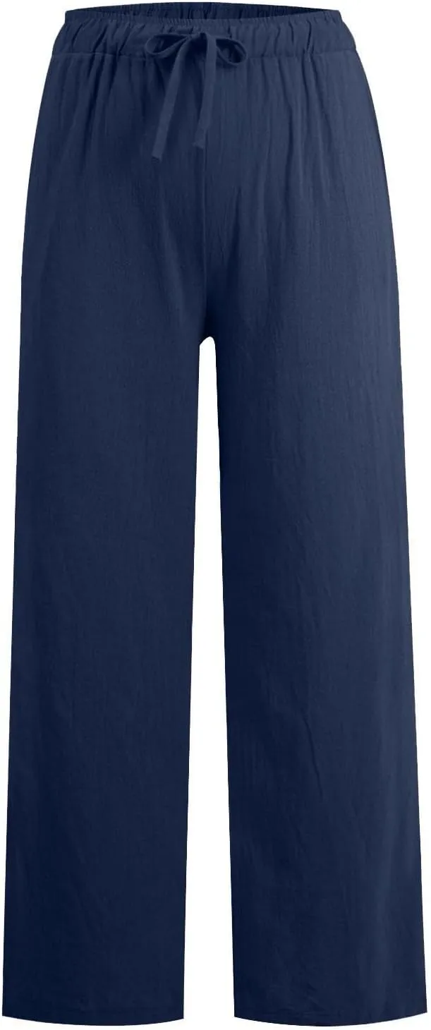 Wide Leg Linen Pants for Women Summer Casual Flowy Beach Pants Cotton Yoga Pants with Pockets Athletic Workout Pants