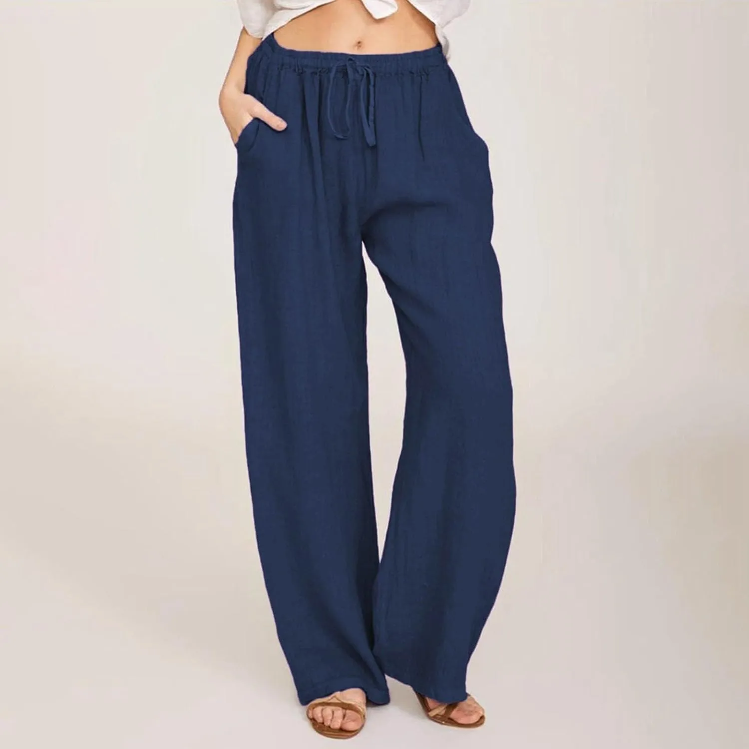 Wide Leg Linen Pants for Women Summer Casual Flowy Beach Pants Cotton Yoga Pants with Pockets Athletic Workout Pants