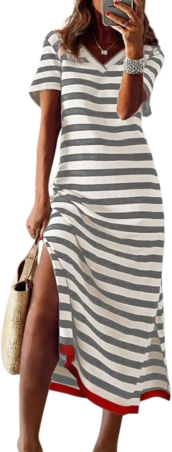 Women 2025 Casual Maxi Dress Short Sleeve V Neck Stripe Sundress Split Loose Long Summer Tshirt Activewear Dress