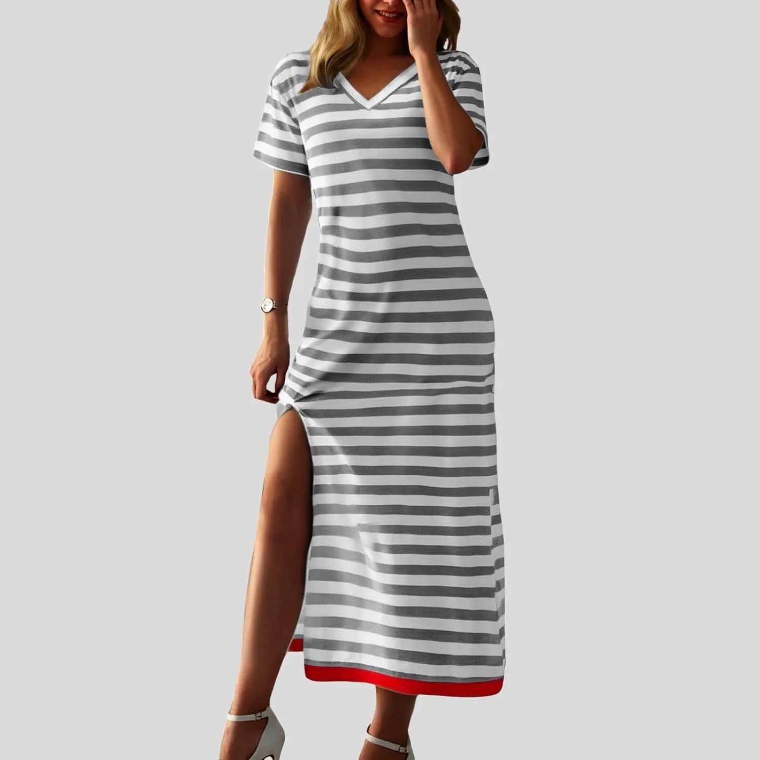 Women 2025 Casual Maxi Dress Short Sleeve V Neck Stripe Sundress Split Loose Long Summer Tshirt Activewear Dress
