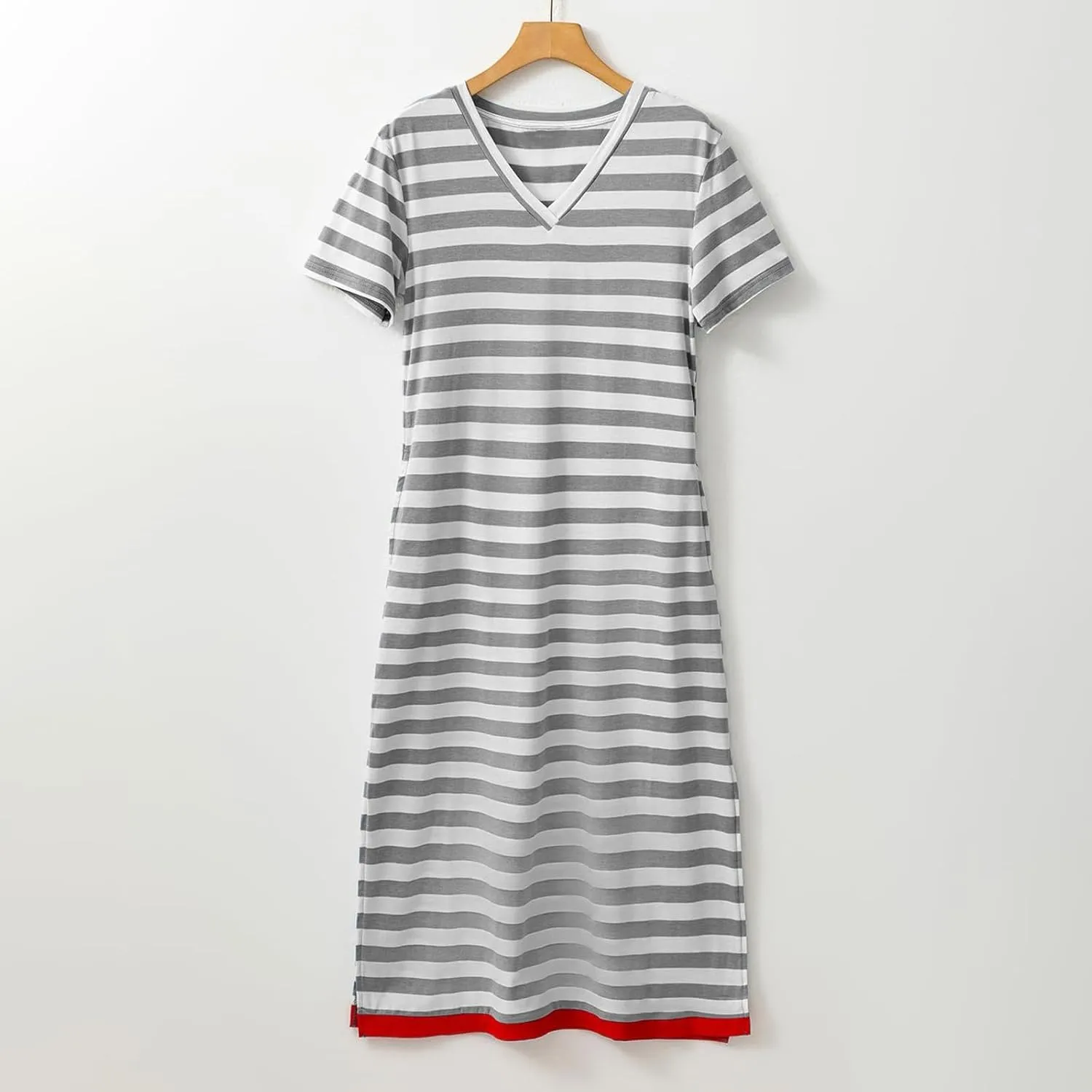 Women 2025 Casual Maxi Dress Short Sleeve V Neck Stripe Sundress Split Loose Long Summer Tshirt Activewear Dress