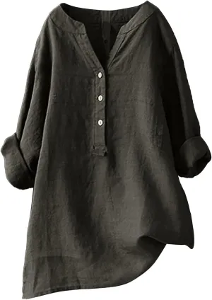 Women Button Shirts Linen Rolled Cuffed Short Sleeve V Neck 2024 Summer Shirts Casual Loose Solid Blouse Tops