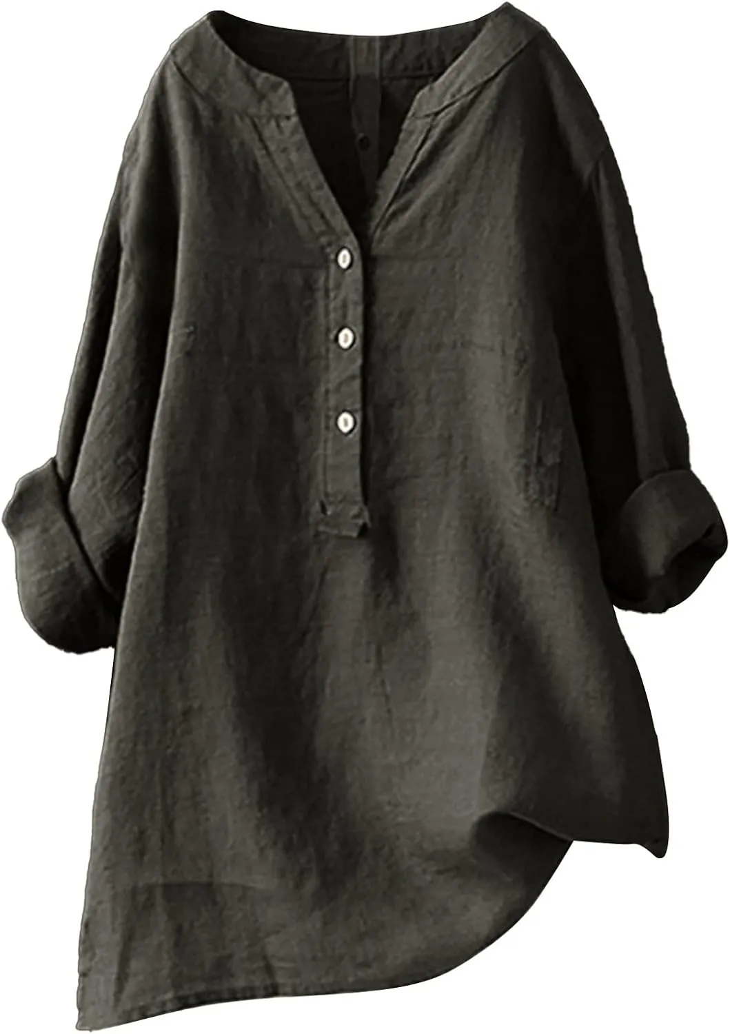 Women Button Shirts Linen Rolled Cuffed Short Sleeve V Neck 2024 Summer Shirts Casual Loose Solid Blouse Tops