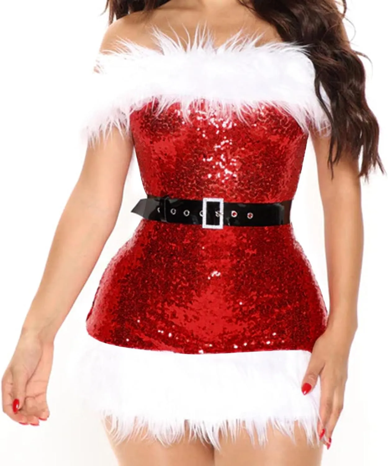 Women Christmas Sequin Dress Mini Bodycon Dress Glitter Santa Costume Sexy Evening Party Dress Disco Ball Dresses