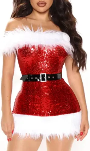 Women Christmas Sequin Dress Mini Bodycon Dress Glitter Santa Costume Sexy Evening Party Dress Disco Ball Dresses