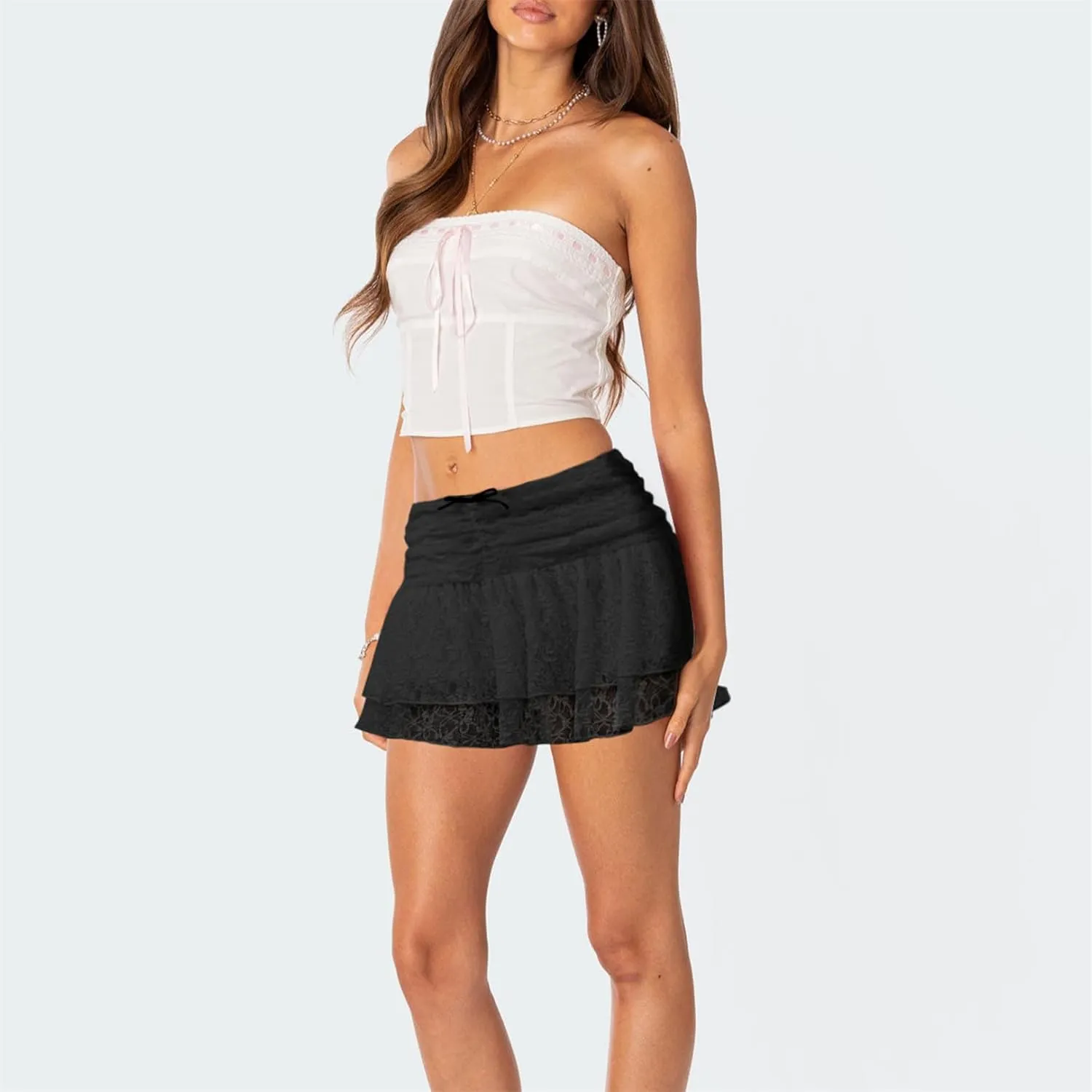 Women Floral Lace Mini Skirt Y2K Elastic Low Waist Ruffle Hem Layered Pleated Flowy Skorts Sexy Trendy Streetwear