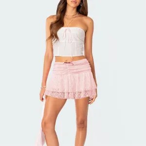 Women Floral Lace Mini Skirt Y2K Elastic Low Waist Ruffle Hem Layered Pleated Flowy Skorts Sexy Trendy Streetwear