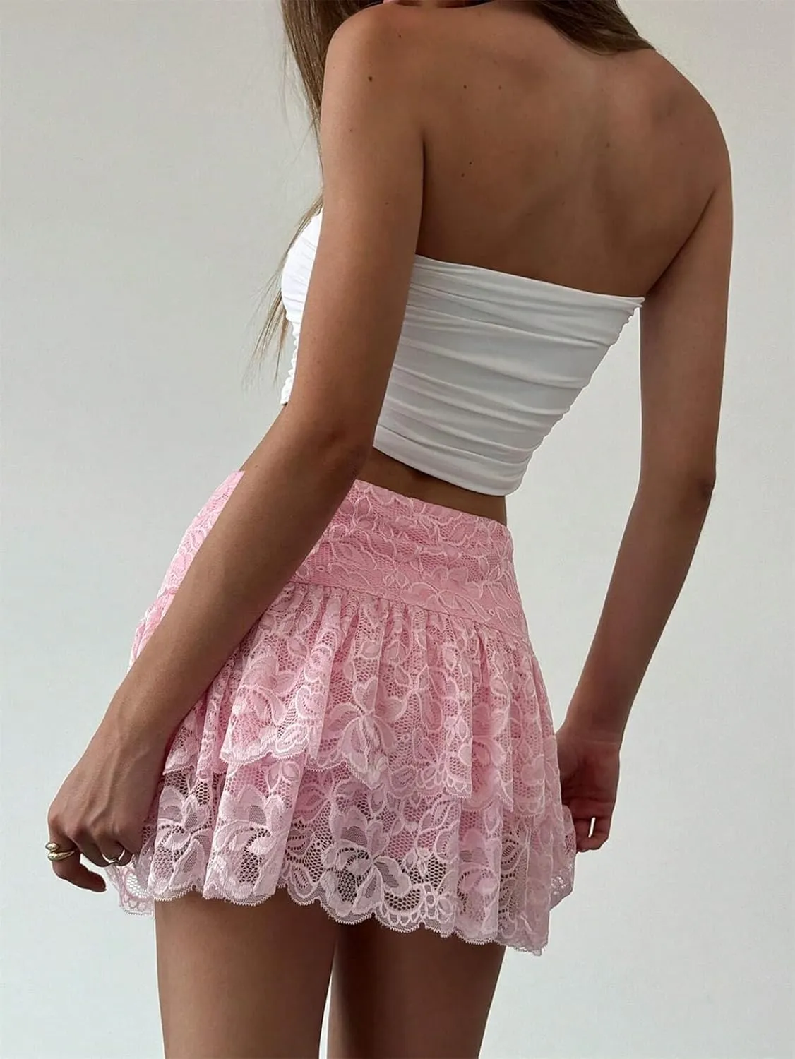 Women Floral Lace Mini Skirt Y2K Elastic Low Waist Ruffle Hem Layered Pleated Flowy Skorts Sexy Trendy Streetwear