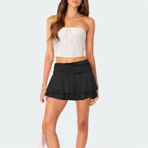 Women Floral Lace Mini Skirt Y2K Elastic Low Waist Ruffle Hem Layered Pleated Flowy Skorts Sexy Trendy Streetwear