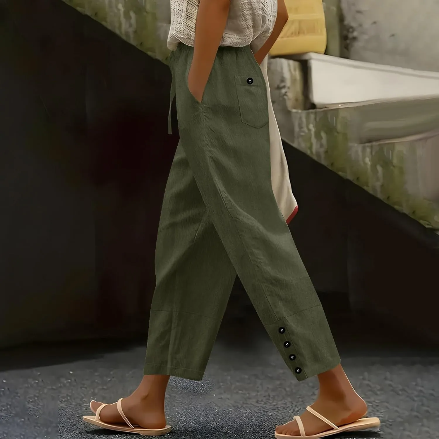 Women High Waisted Pants with Pockets Straight Leg Casual Trousers Pants Beach Summer Pants Loose Vacation Pants