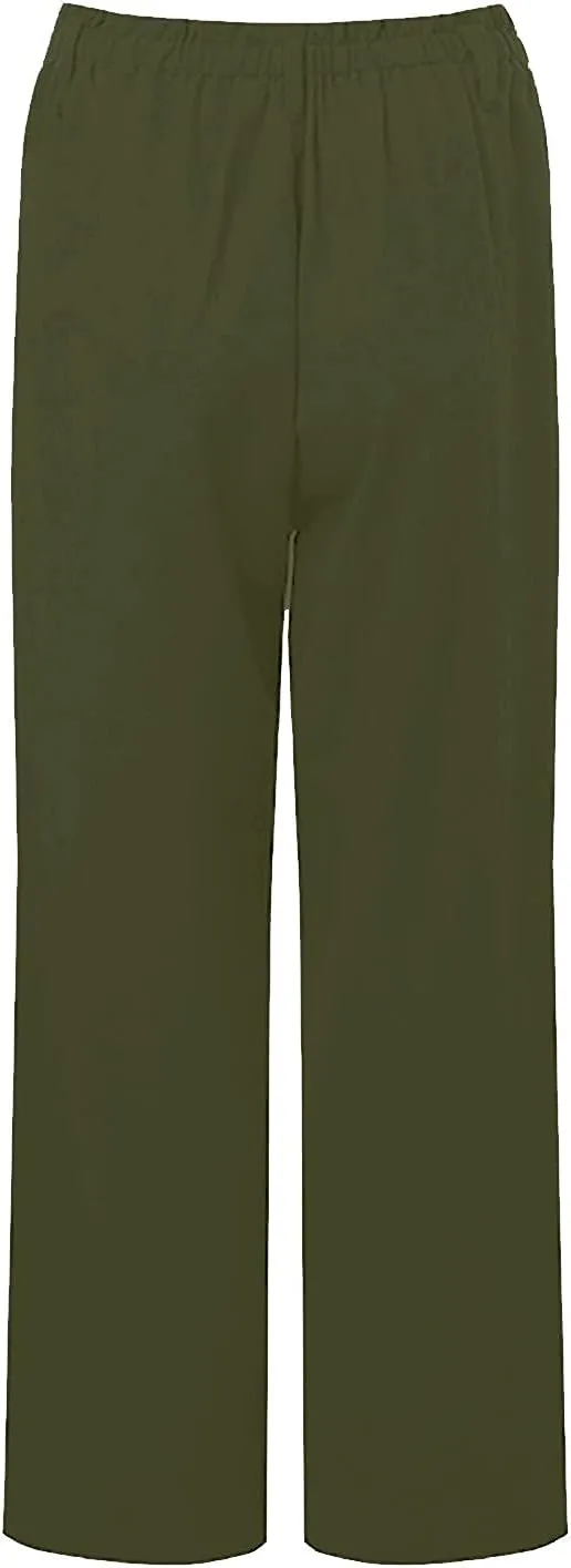 Women Linen Pants Summer Casual Capri Pants with Pockets Elastic Waist Wide Leg Cropped Pants Boho Beach Palazzo Pants