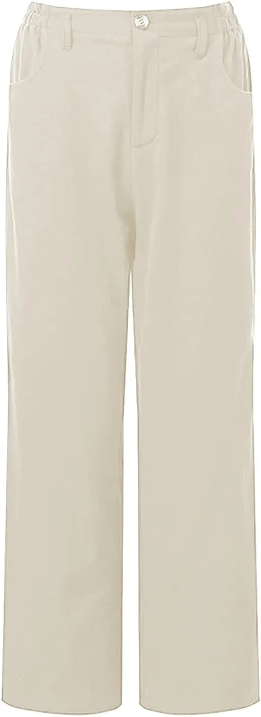 Women Linen Pants Summer Casual Capri Pants with Pockets Elastic Waist Wide Leg Cropped Pants Boho Beach Palazzo Pants