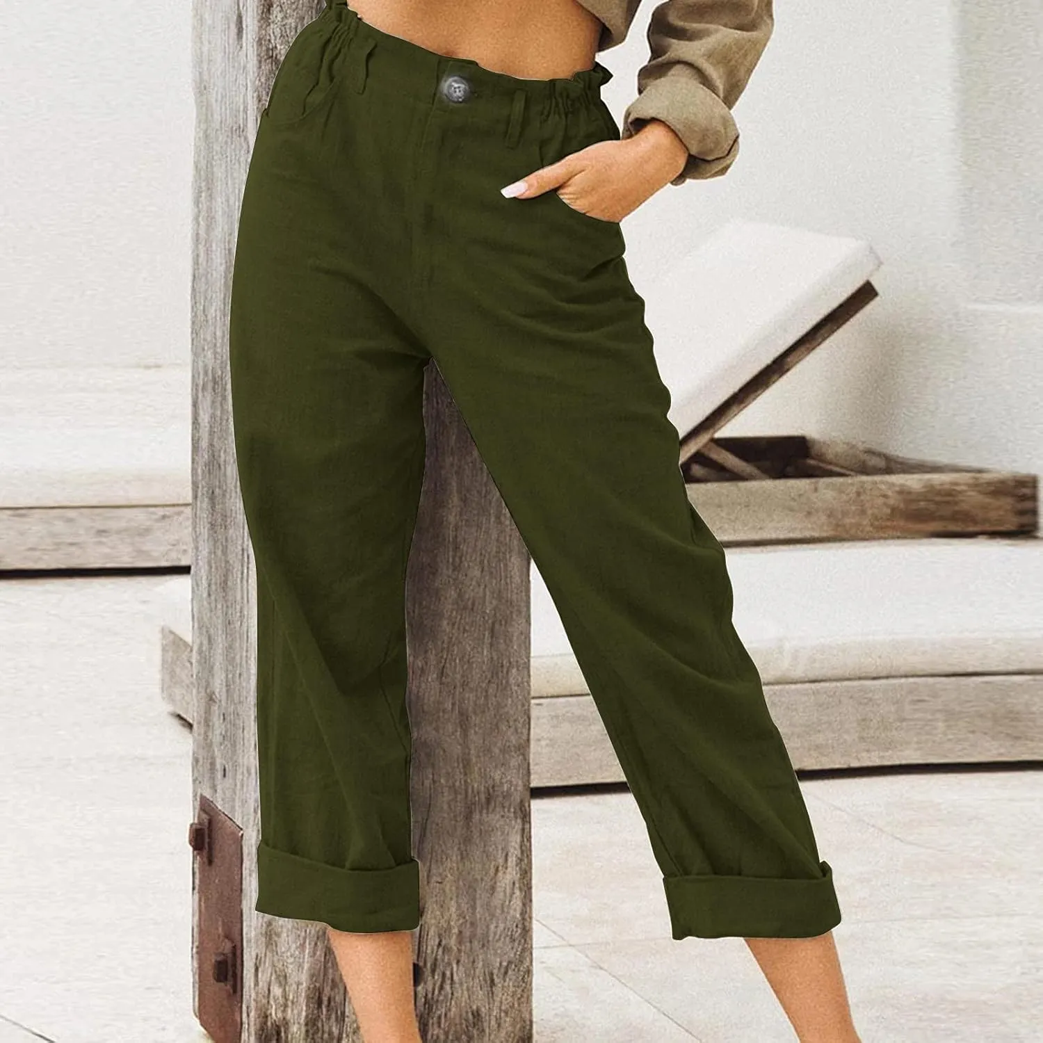 Women Linen Pants Summer Casual Capri Pants with Pockets Elastic Waist Wide Leg Cropped Pants Boho Beach Palazzo Pants