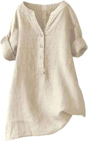 Women Linen Shirts Summer Linen Button Up Short Sleeve T-Shirt Casual Oversized Trendy Round Neck Tee Shirts