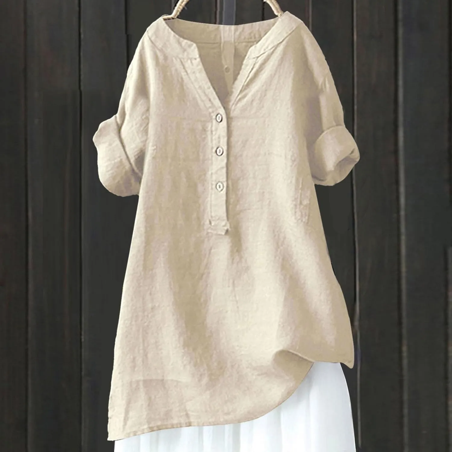 Women Linen Shirts Summer Linen Button Up Short Sleeve T-Shirt Casual Oversized Trendy Round Neck Tee Shirts