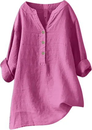Women Linen Shirts V-Neck Button Blouses Embroidery 2025 Summer Tshirt Short Sleeve Loose T Shirts