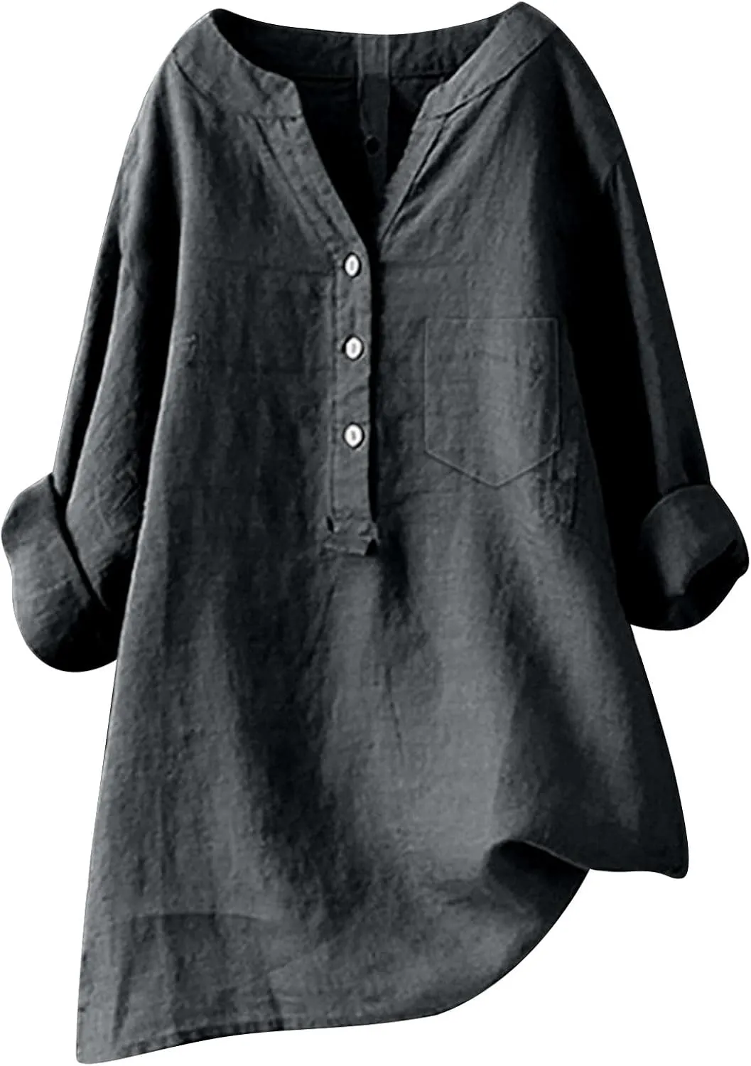 Women Linen Shirts V-Neck Buttons Blouses Floral Comfy Tee Tops Long Sleeve Loose Tunic Tops