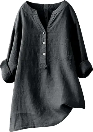 Women Linen Shirts V-Neck Buttons Blouses Floral Comfy Tee Tops Long Sleeve Loose Tunic Tops