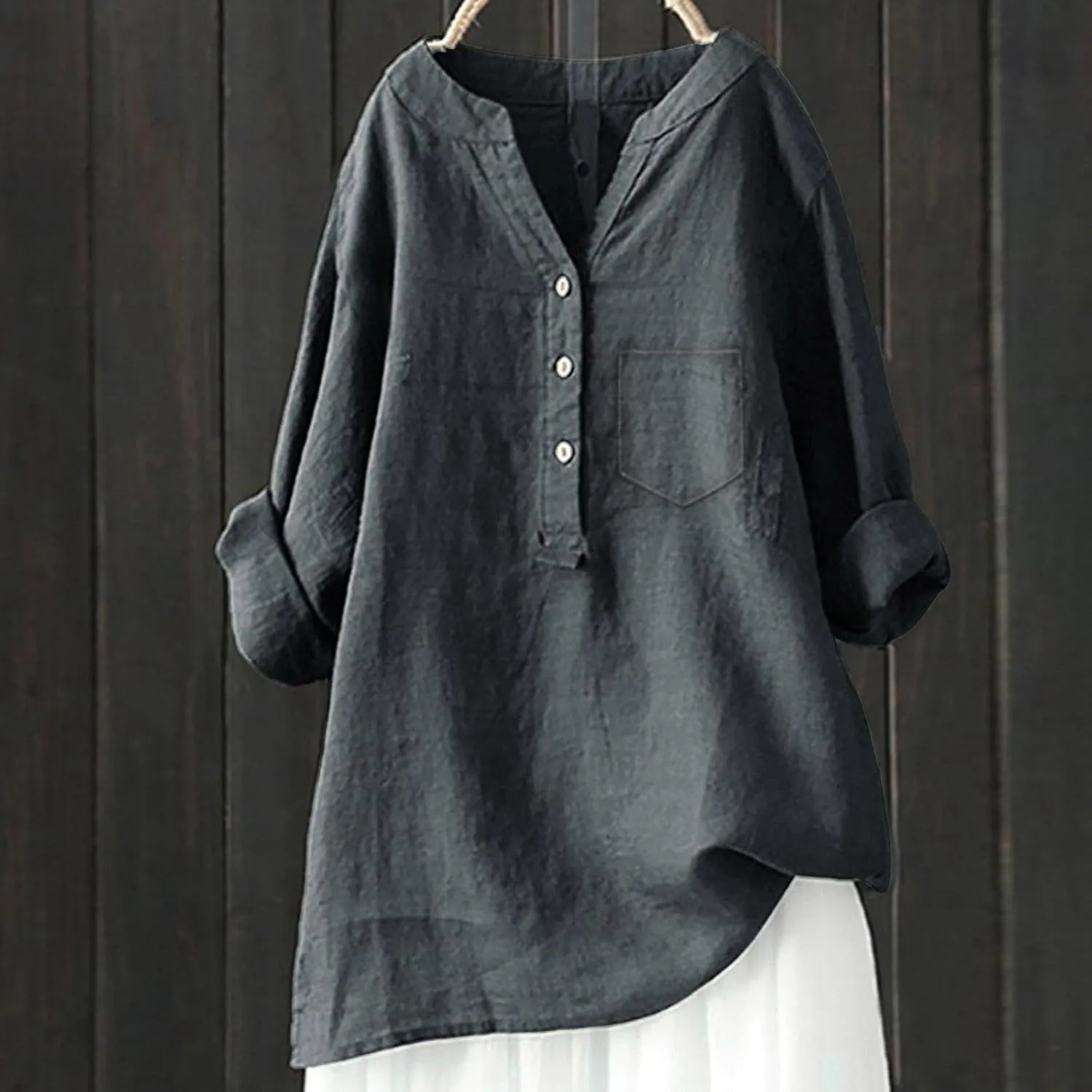 Women Linen Shirts V-Neck Buttons Blouses Floral Comfy Tee Tops Long Sleeve Loose Tunic Tops