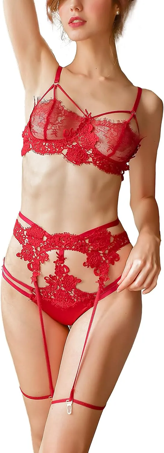 Women Luxurious Lingerie Set Lace Teddy Floral Trim Bra and Panty Babydoll Bodysuit with Garter Belts