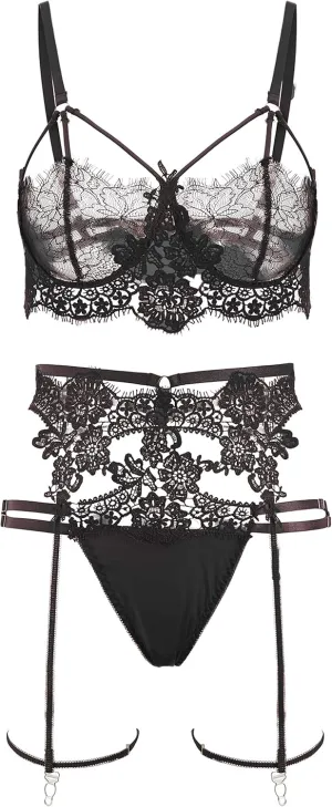Women Luxurious Lingerie Set Lace Teddy Floral Trim Bra and Panty Babydoll Bodysuit with Garter Belts