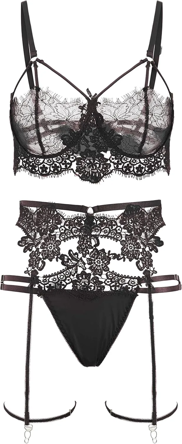 Women Luxurious Lingerie Set Lace Teddy Floral Trim Bra and Panty Babydoll Bodysuit with Garter Belts