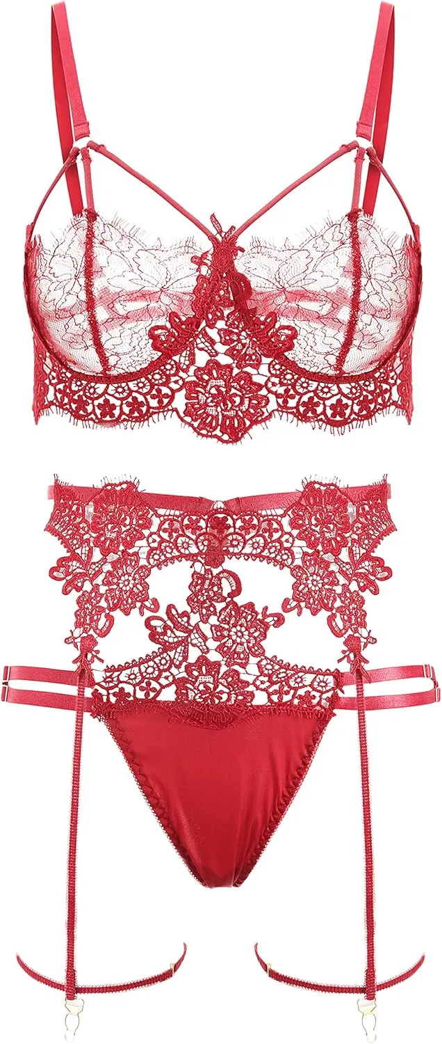 Women Luxurious Lingerie Set Lace Teddy Floral Trim Bra and Panty Babydoll Bodysuit with Garter Belts