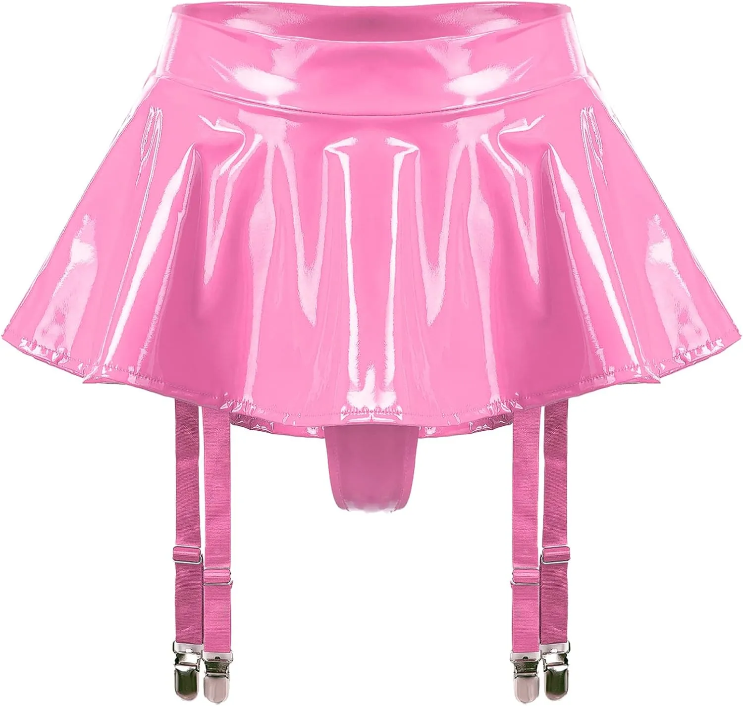 Women PVC Leather Pleated Mini Skirt Garter Belt with Clips Suspender for Thigh High Stockings