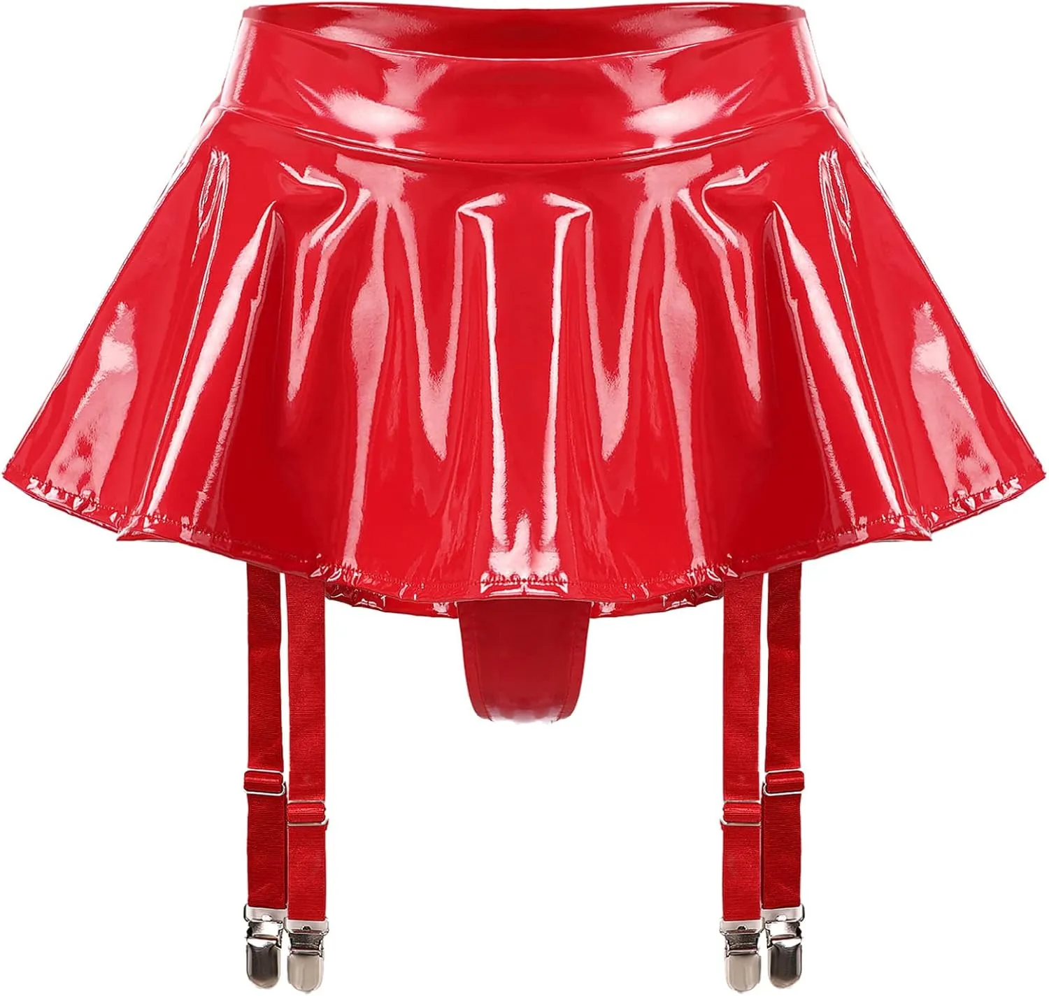 Women PVC Leather Pleated Mini Skirt Garter Belt with Clips Suspender for Thigh High Stockings