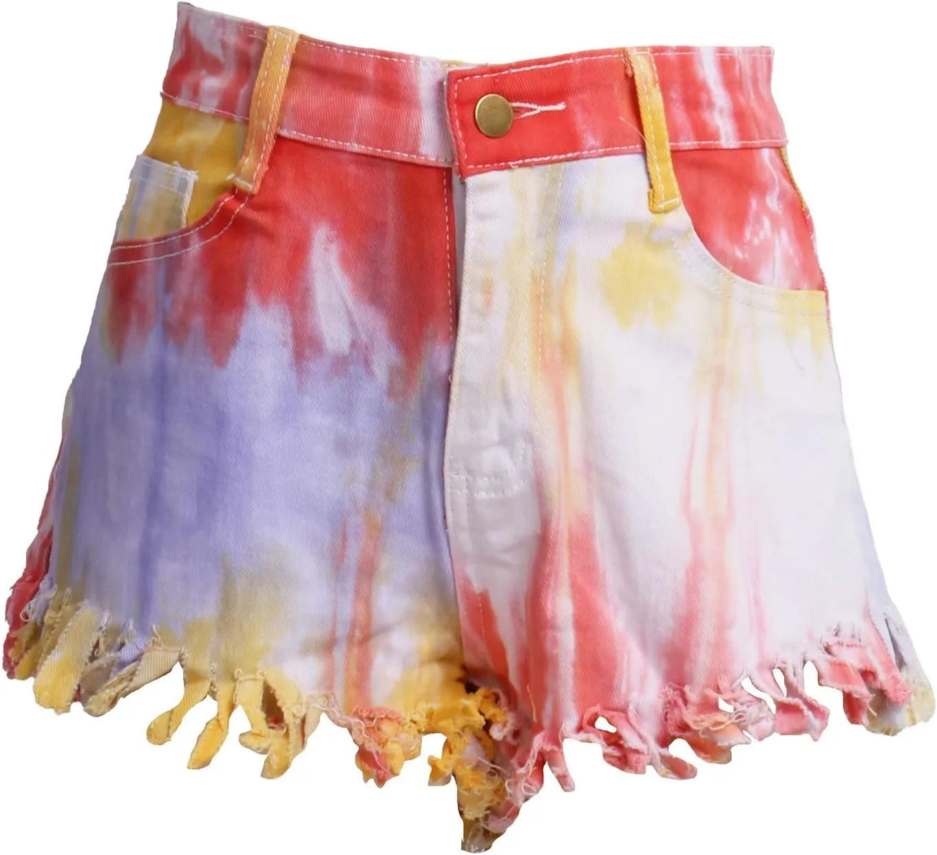 Women Ripped Tie-dye Stretchy Denim Shorts Ladies High Waisted Jean Shorts Frayed Raw Hem Tassels Short Pants