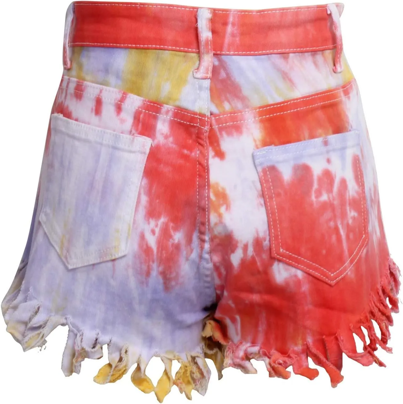 Women Ripped Tie-dye Stretchy Denim Shorts Ladies High Waisted Jean Shorts Frayed Raw Hem Tassels Short Pants