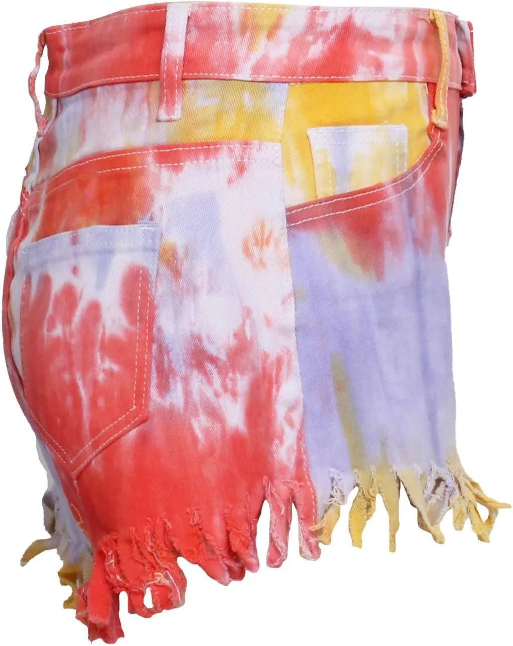 Women Ripped Tie-dye Stretchy Denim Shorts Ladies High Waisted Jean Shorts Frayed Raw Hem Tassels Short Pants