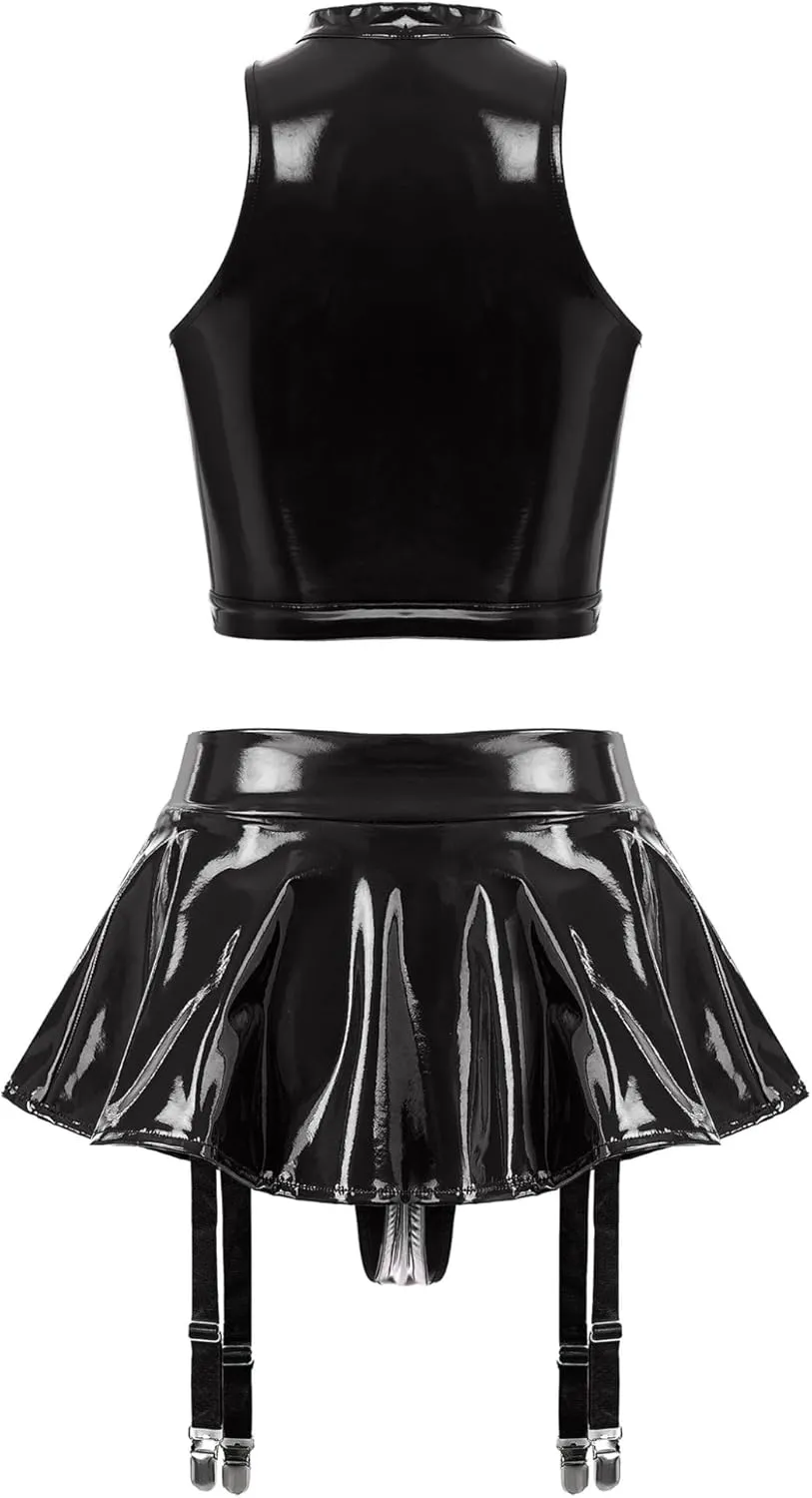Women Shiny Metallic Halter Crop Top with Flared Pleated Mini Skirt Garter Belt Party Outfits