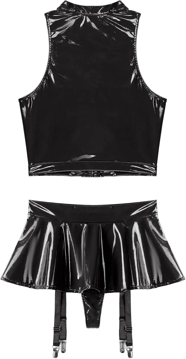 Women Shiny Metallic Halter Crop Top with Flared Pleated Mini Skirt Garter Belt Party Outfits
