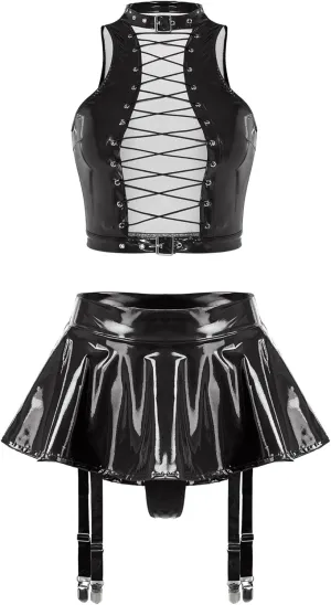 Women Shiny Metallic Halter Crop Top with Flared Pleated Mini Skirt Garter Belt Party Outfits