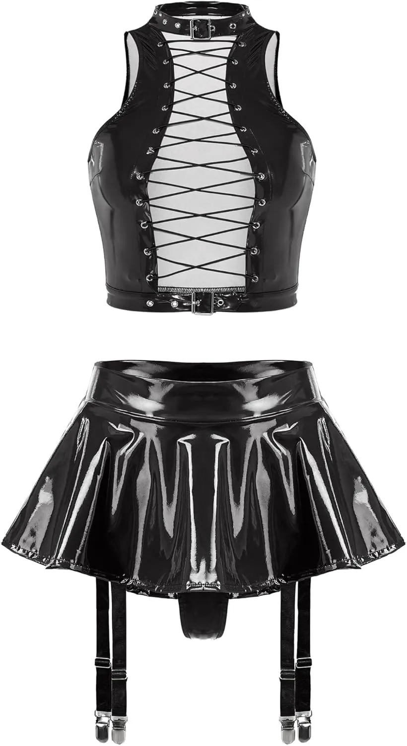 Women Shiny Metallic Halter Crop Top with Flared Pleated Mini Skirt Garter Belt Party Outfits