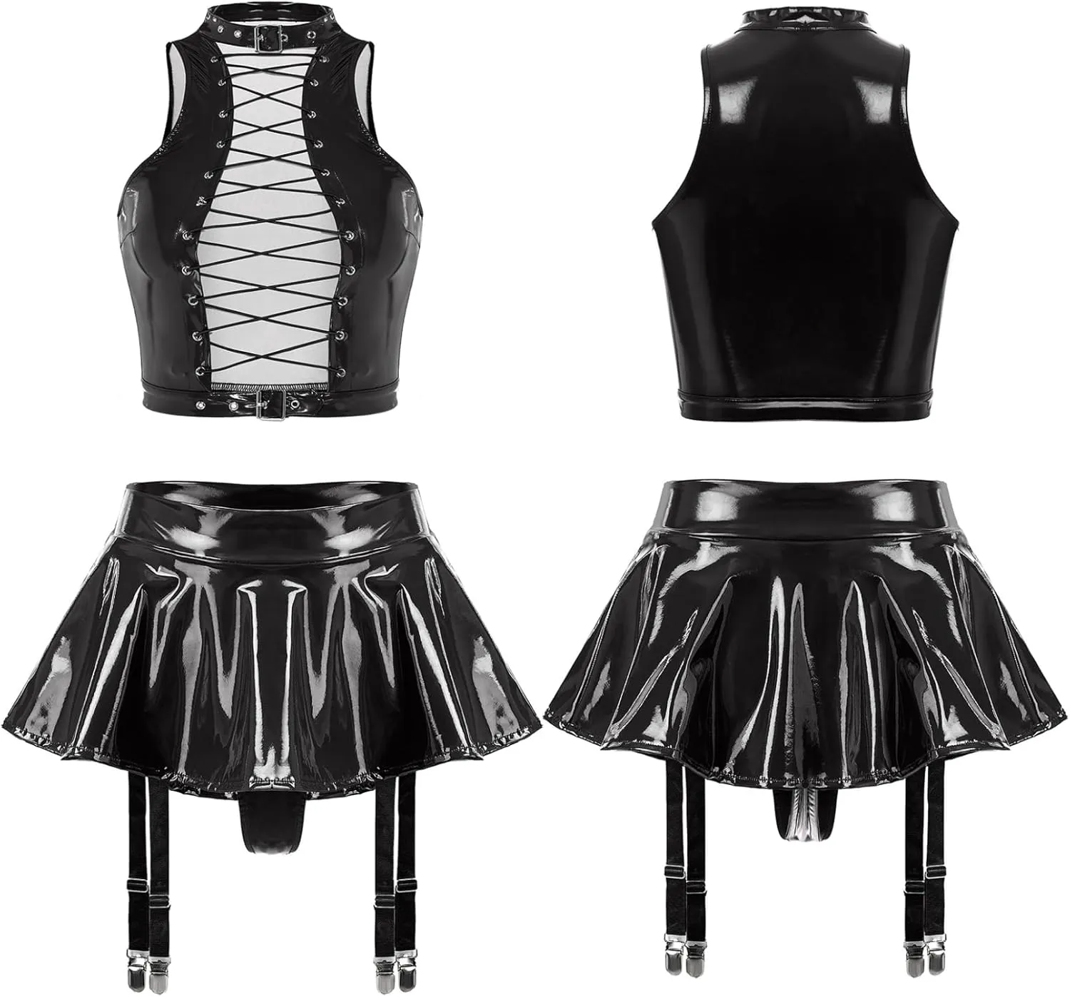 Women Shiny Metallic Halter Crop Top with Flared Pleated Mini Skirt Garter Belt Party Outfits