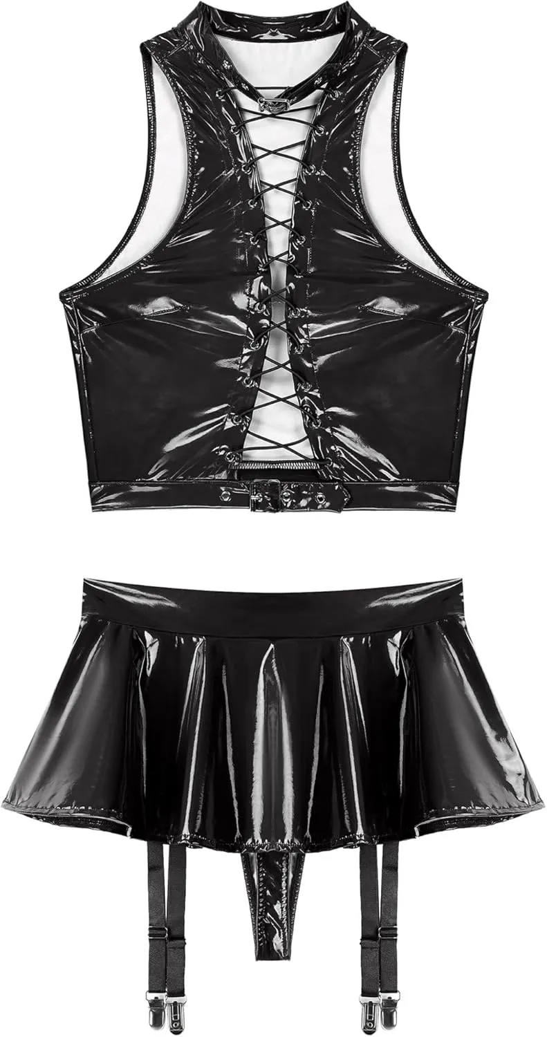 Women Shiny Metallic Halter Crop Top with Flared Pleated Mini Skirt Garter Belt Party Outfits