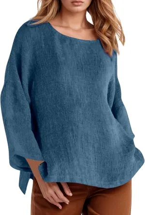 Women Short Sleeve Cotton Linen Shirts Casual Crew Neck Henley T Shirt Bohemian Boho Loose Summer Tee Tops