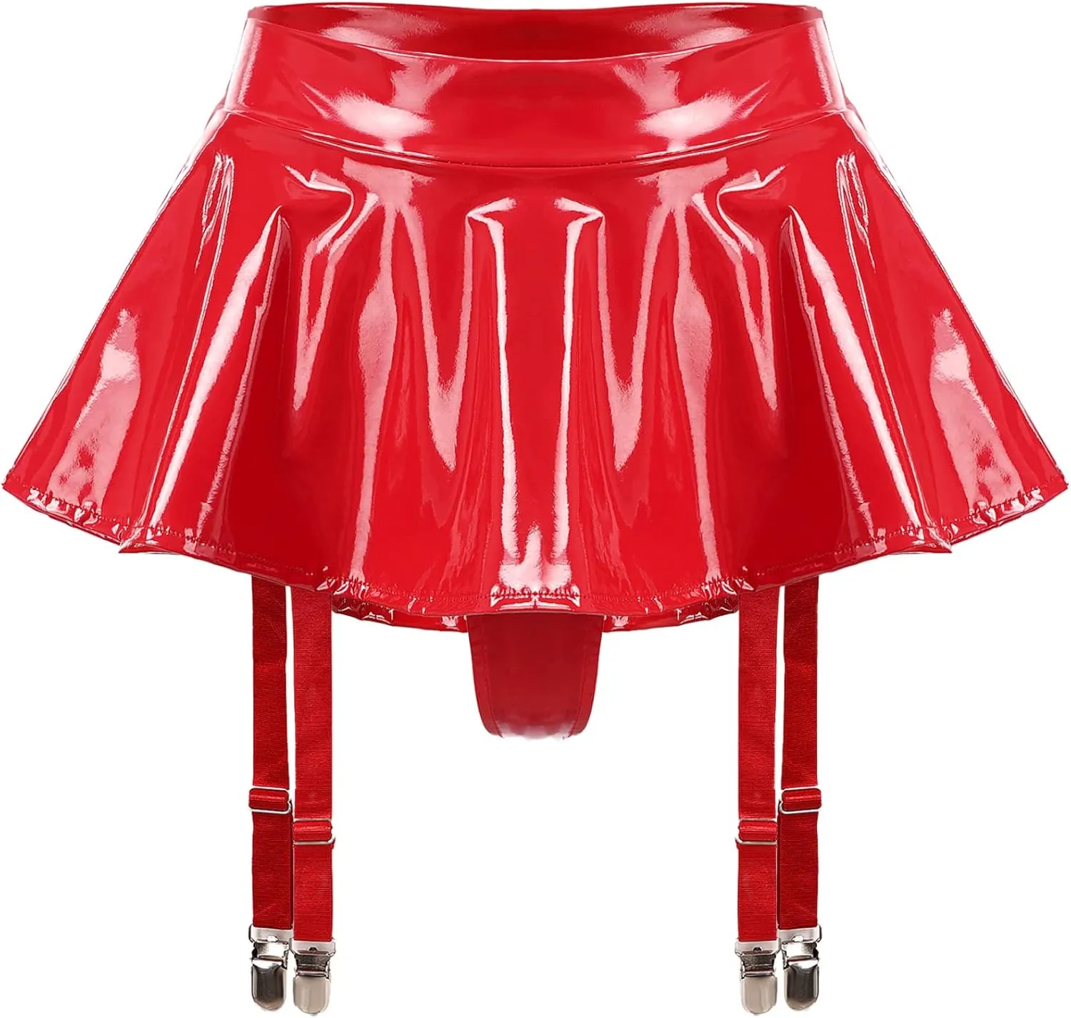 Women Wet Look Pleated Vinyl Bodycon Mini Latex Skirt Tights Pencil Skirt Garter Belt Clubwear