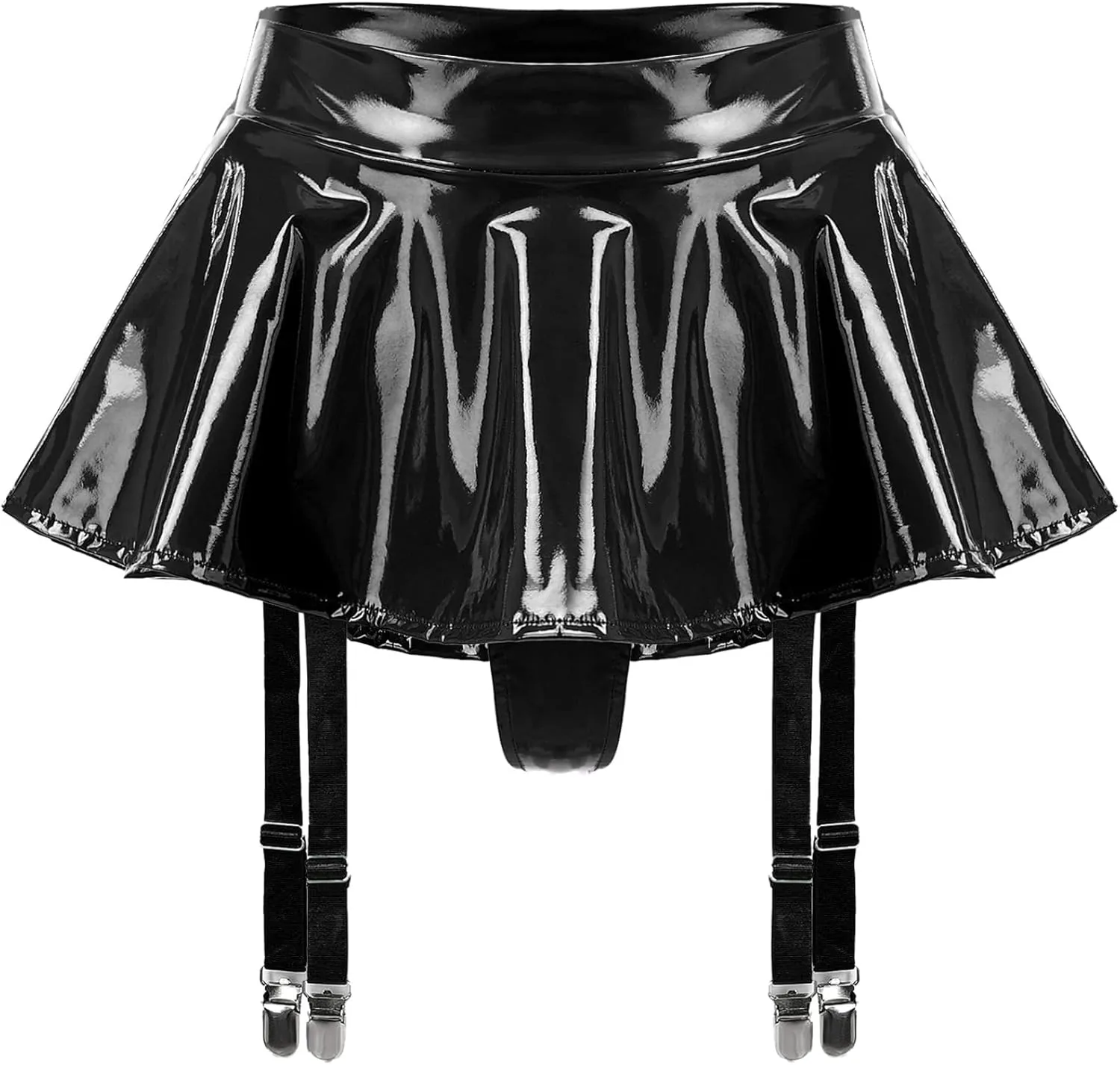 Women Wet Look Pleated Vinyl Bodycon Mini Latex Skirt Tights Pencil Skirt Garter Belt Clubwear